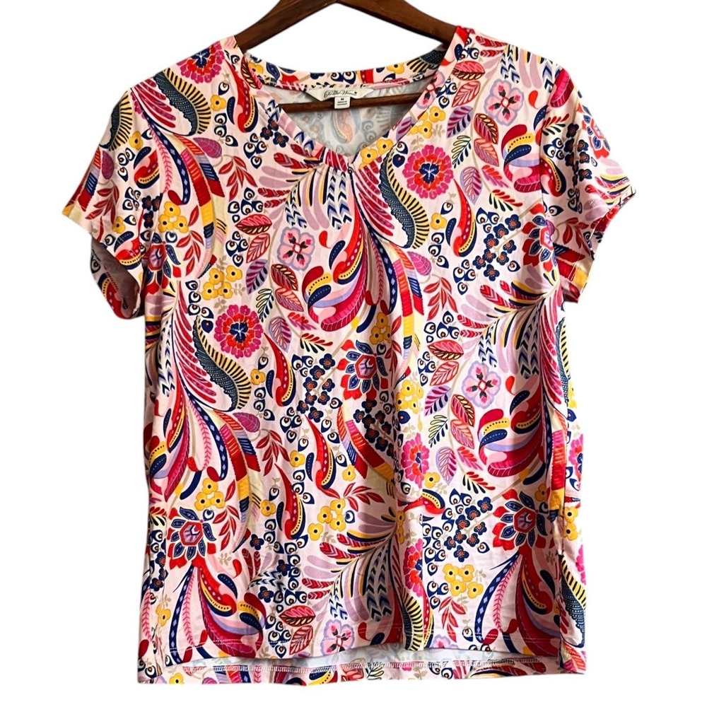 The Pioneer Woman V-Neck Top Women M Pink Multi Floral Paisley Exc Short Sleeve